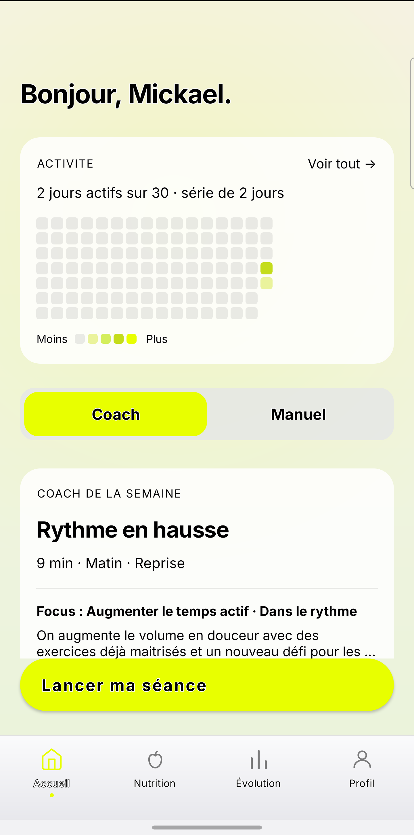 Écran d'accueil du coach FitForm avec le programme de la semaine